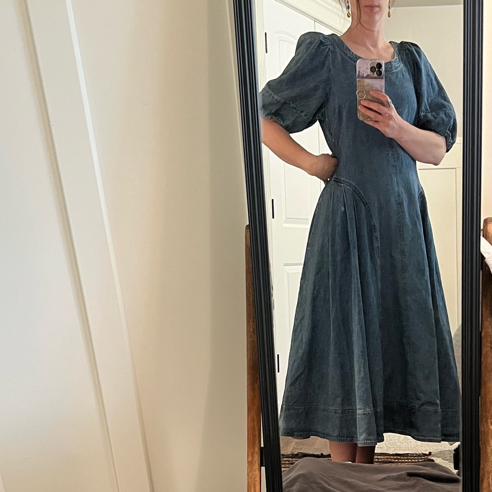 Anthropology Blue Denim Midi western Dress with Open Back and Pockets! - Picture 3 of 10